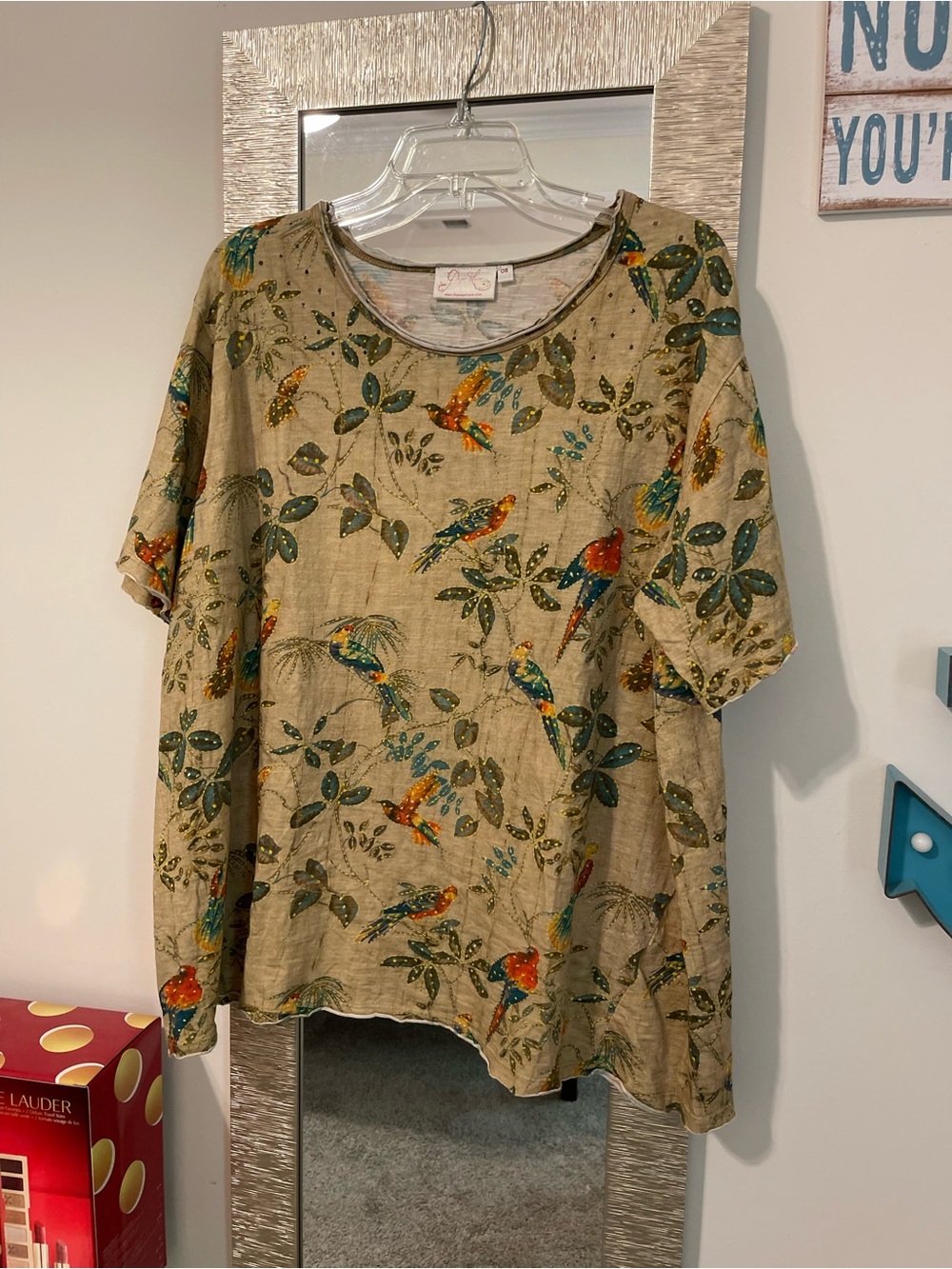 Women's Short Sleeve Bird Print Tee - Beige/Green